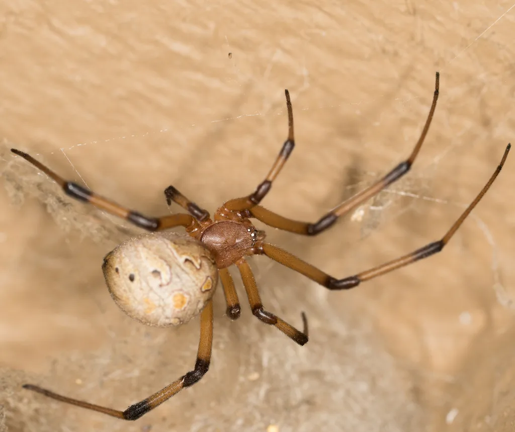 Brown widow spider with banded legs beside its spiky round egg sac